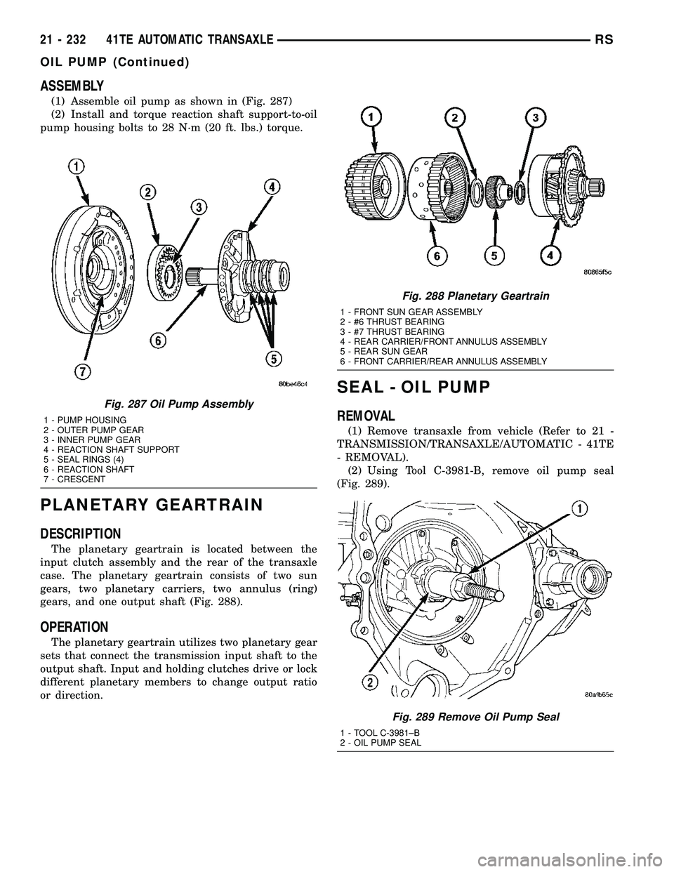 DODGE TOWN AND COUNTRY 2004  Service Manual ASSEMBLY
(1) Assemble oil pump as shown in (Fig. 287)
(2) Install and torque reaction shaft support-to-oil
pump housing bolts to 28 N´m (20 ft. lbs.) torque.
PLANETARY GEARTRAIN
DESCRIPTION
The plane