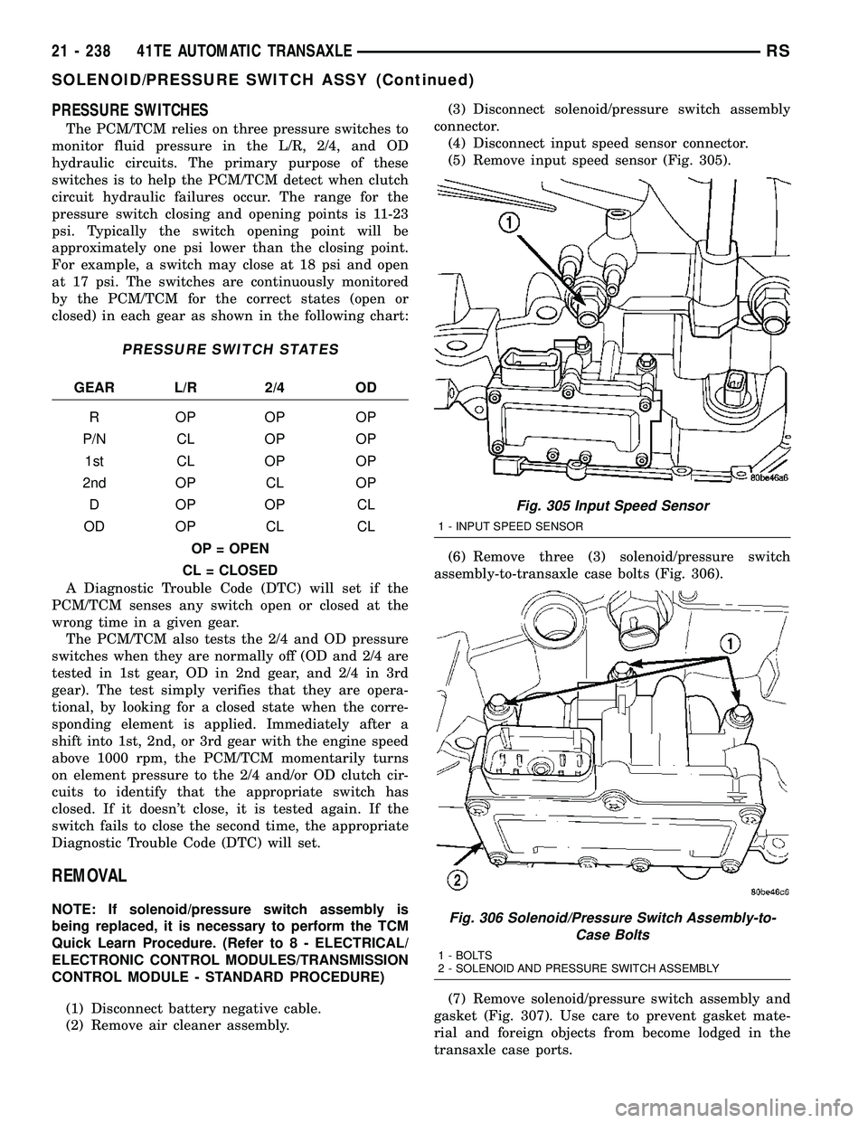 DODGE TOWN AND COUNTRY 2004  Service Manual PRESSURE SWITCHES
The PCM/TCM relies on three pressure switches to
monitor fluid pressure in the L/R, 2/4, and OD
hydraulic circuits. The primary purpose of these
switches is to help the PCM/TCM detec