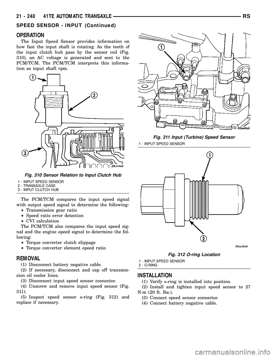 DODGE TOWN AND COUNTRY 2004  Service Manual OPERATION
The Input Speed Sensor provides information on
how fast the input shaft is rotating. As the teeth of
the input clutch hub pass by the sensor coil (Fig.
310), an AC voltage is generated and s