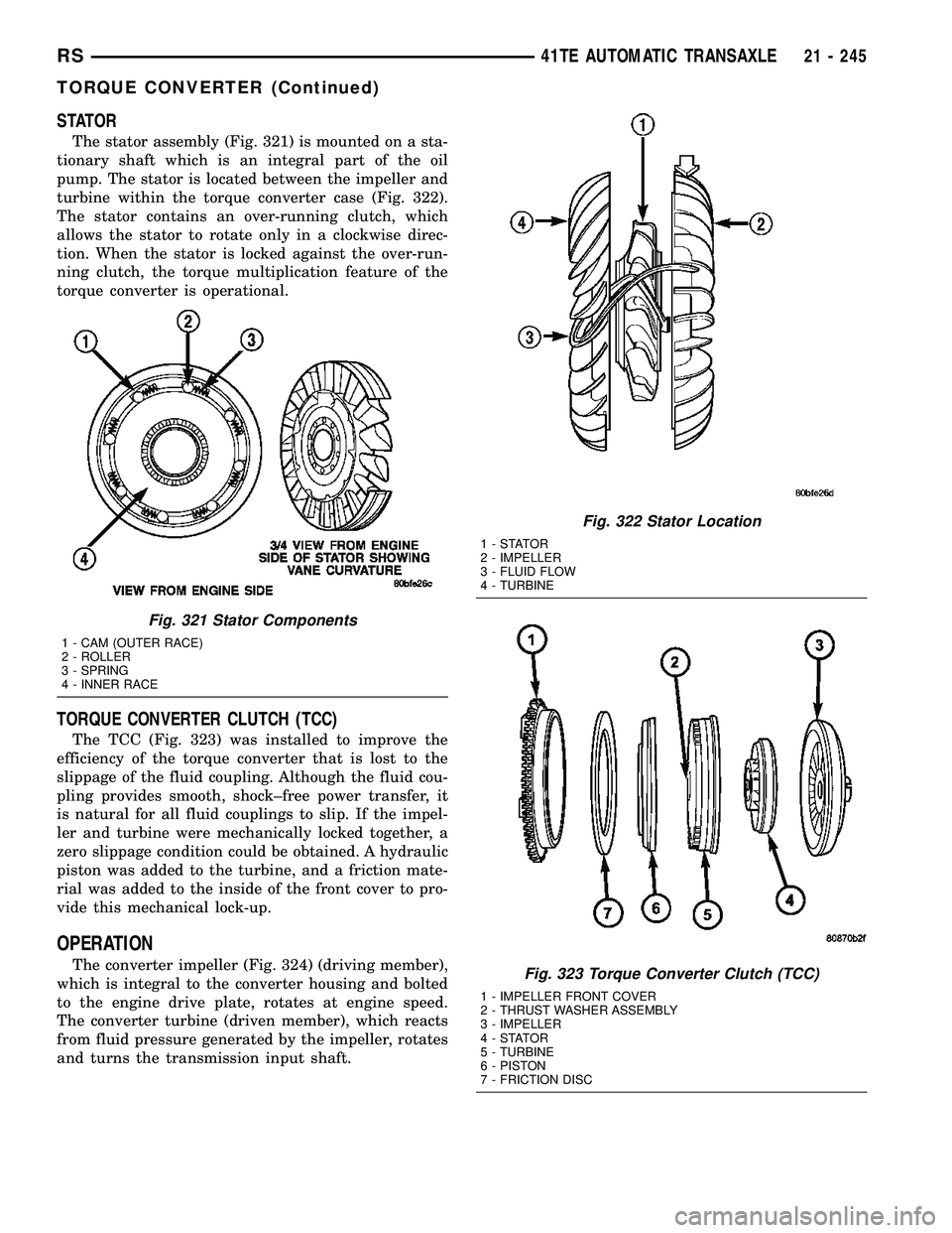DODGE TOWN AND COUNTRY 2004  Service Manual STATOR
The stator assembly (Fig. 321) is mounted on a sta-
tionary shaft which is an integral part of the oil
pump. The stator is located between the impeller and
turbine within the torque converter c