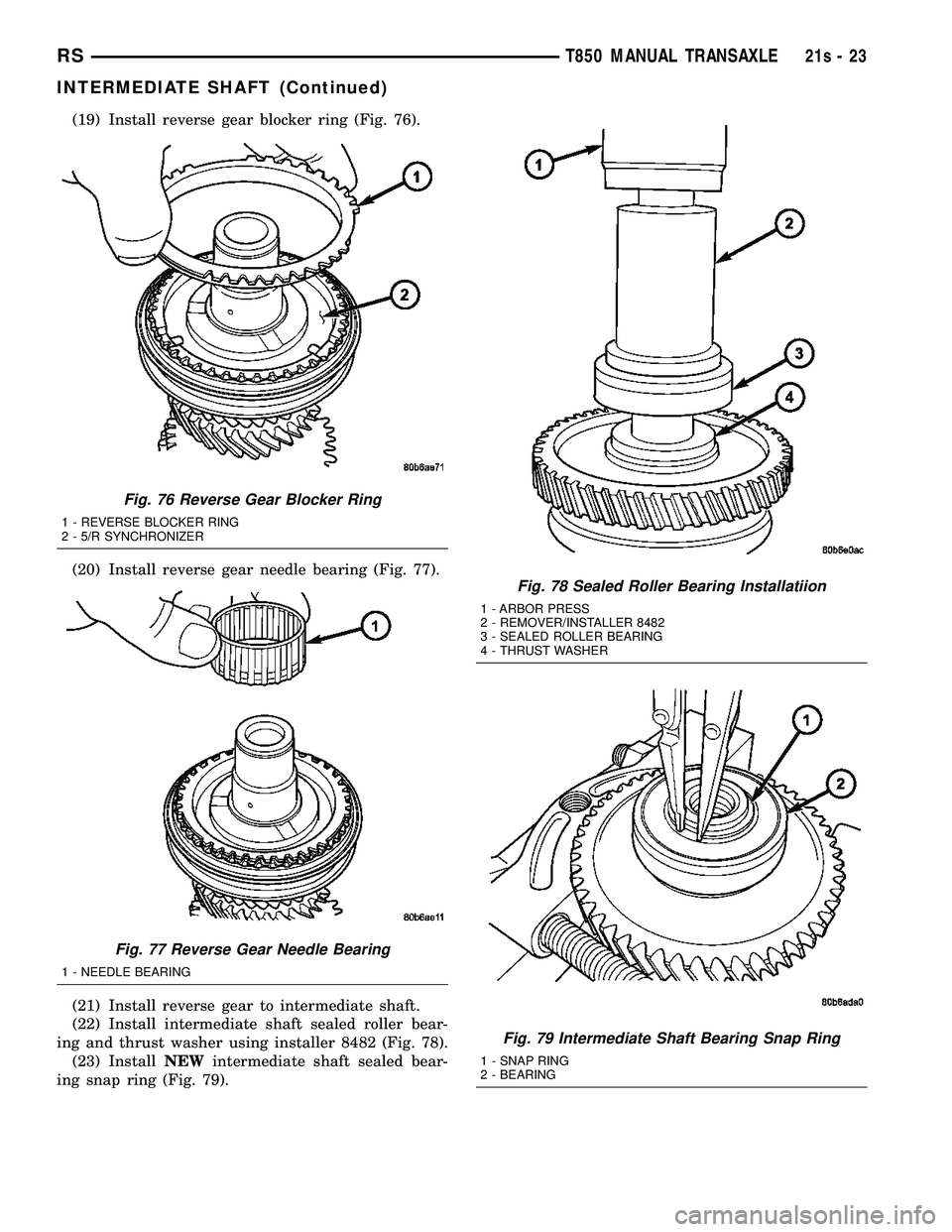 DODGE TOWN AND COUNTRY 2004  Service Manual (19) Install reverse gear blocker ring (Fig. 76).
(20) Install reverse gear needle bearing (Fig. 77).
(21) Install reverse gear to intermediate shaft.
(22) Install intermediate shaft sealed roller bea