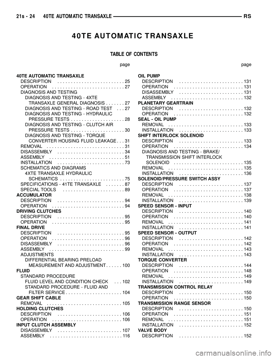 DODGE TOWN AND COUNTRY 2004  Service Manual 40TE AUTOMATIC TRANSAXLE
TABLE OF CONTENTS
page page
40TE AUTOMATIC TRANSAXLE DESCRIPTION .........................25
OPERATION ...........................27
DIAGNOSIS AND TESTING DIAGNOSIS AND TESTIN