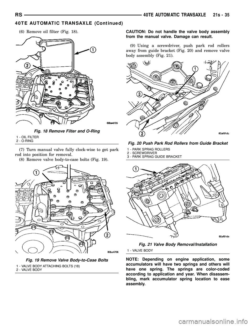 DODGE TOWN AND COUNTRY 2004  Service Manual (6) Remove oil filter (Fig. 18).
(7) Turn manual valve fully clock-wise to get park
rod into position for removal. (8) Remove valve body-to-case bolts (Fig. 19). CAUTION: Do not handle the valve body 