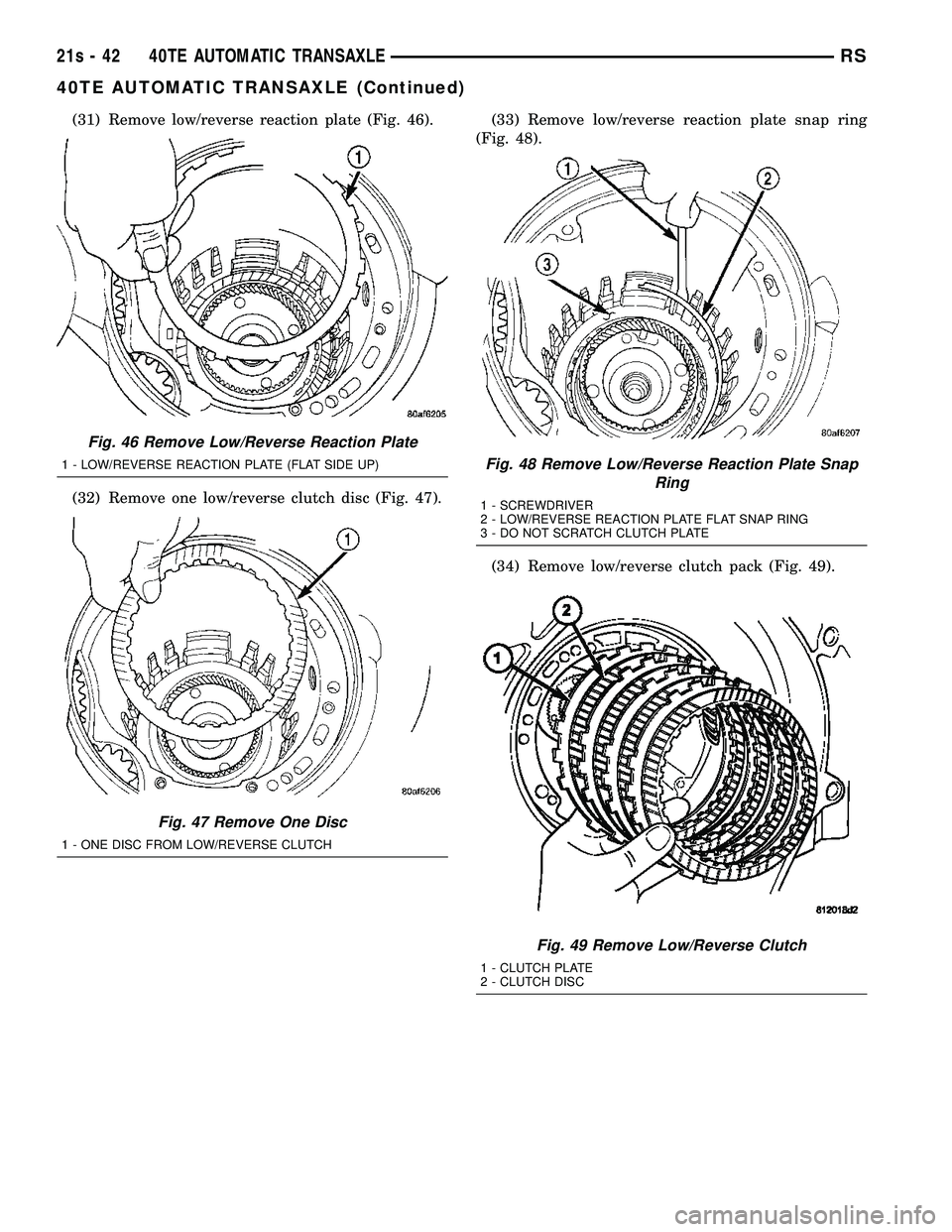 DODGE TOWN AND COUNTRY 2004  Service Manual (31) Remove low/reverse reaction plate (Fig. 46).
(32) Remove one low/reverse clutch disc (Fig. 47).(33) Remove low/reverse reaction plate snap ring
(Fig. 48).
(34) Remove low/reverse clutch pack (Fig