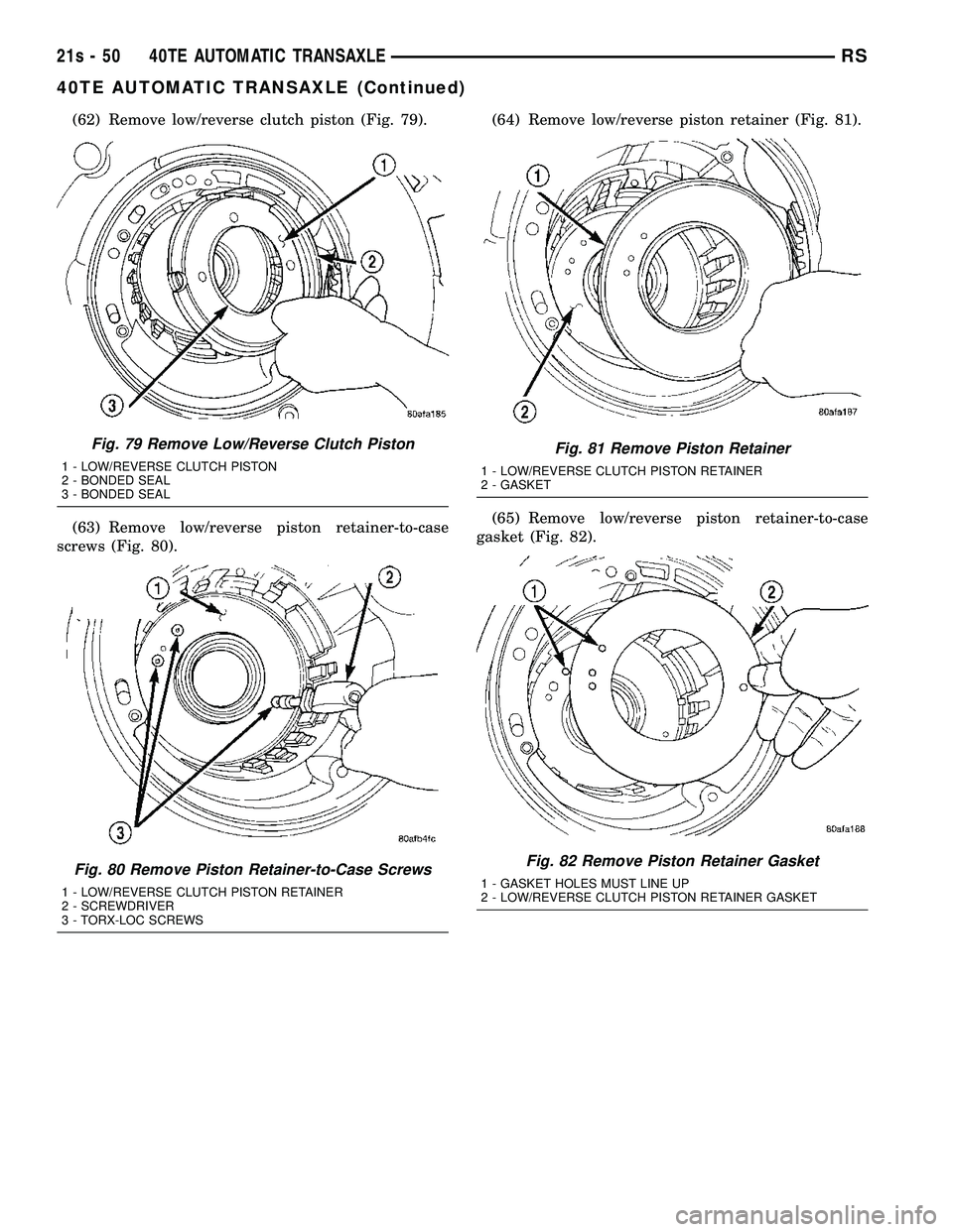 DODGE TOWN AND COUNTRY 2004  Service Manual (62) Remove low/reverse clutch piston (Fig. 79).
(63) Remove low/reverse piston retainer-to-case
screws (Fig. 80). (64) Remove low/reverse piston retainer (Fig. 81).
(65) Remove low/reverse piston ret