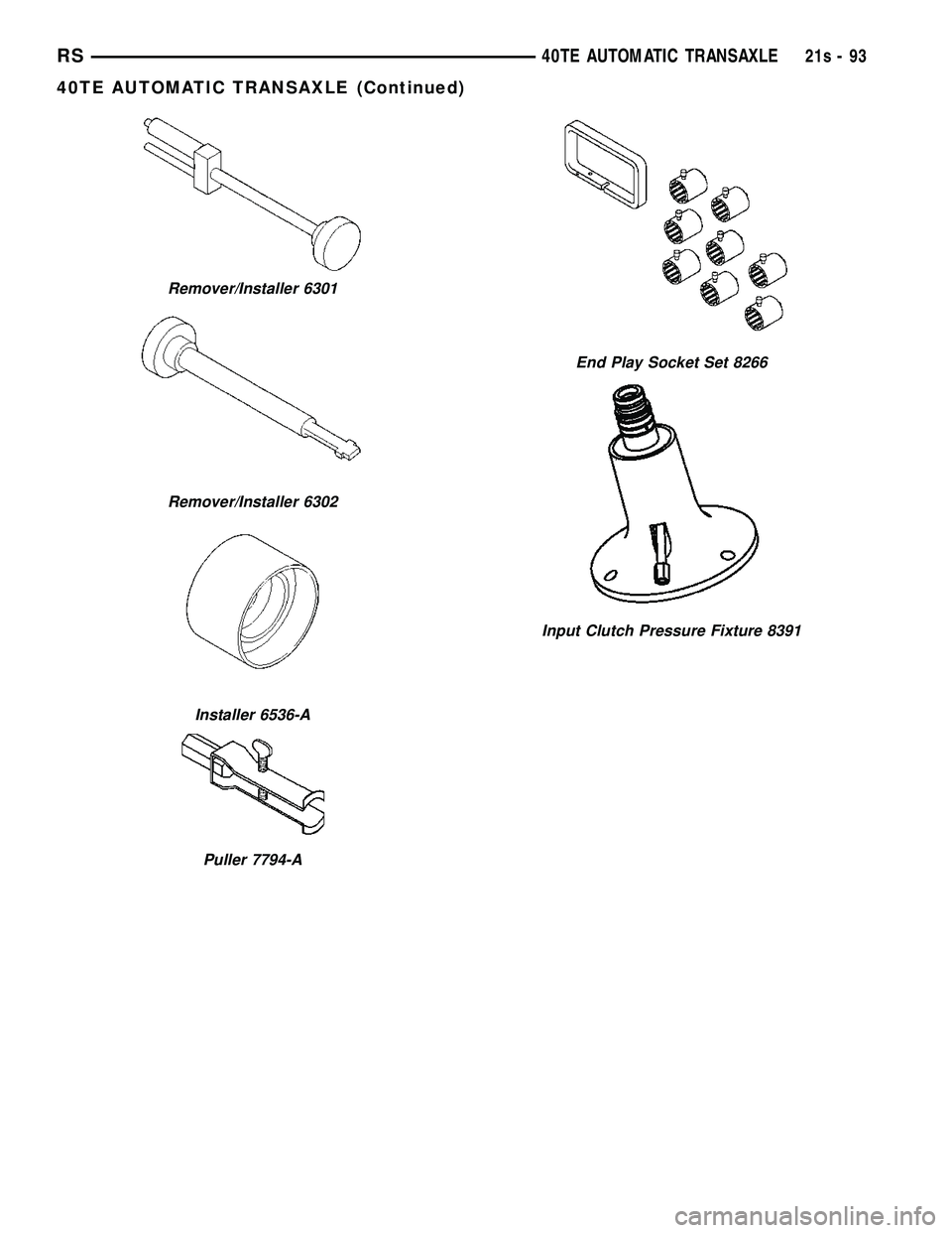 DODGE TOWN AND COUNTRY 2004  Service Manual Remover/Installer 6301
Remover/Installer 6302
Installer 6536-A
Puller 7794-A
End Play Socket Set 8266
Input Clutch Pressure Fixture 8391
RS40TE AUTOMATIC TRANSAXLE21s-93
40TE AUTOMATIC TRANSAXLE (Cont