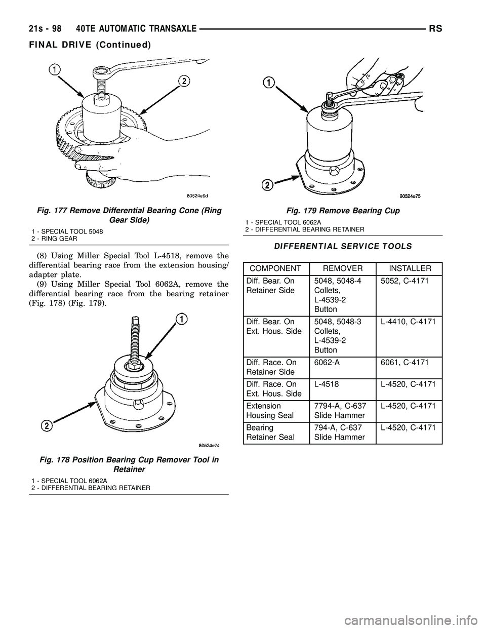 DODGE TOWN AND COUNTRY 2004  Service Manual (8) Using Miller Special Tool L-4518, remove the
differential bearing race from the extension housing/
adapter plate. (9) Using Miller Special Tool 6062A, remove the
differential bearing race from the