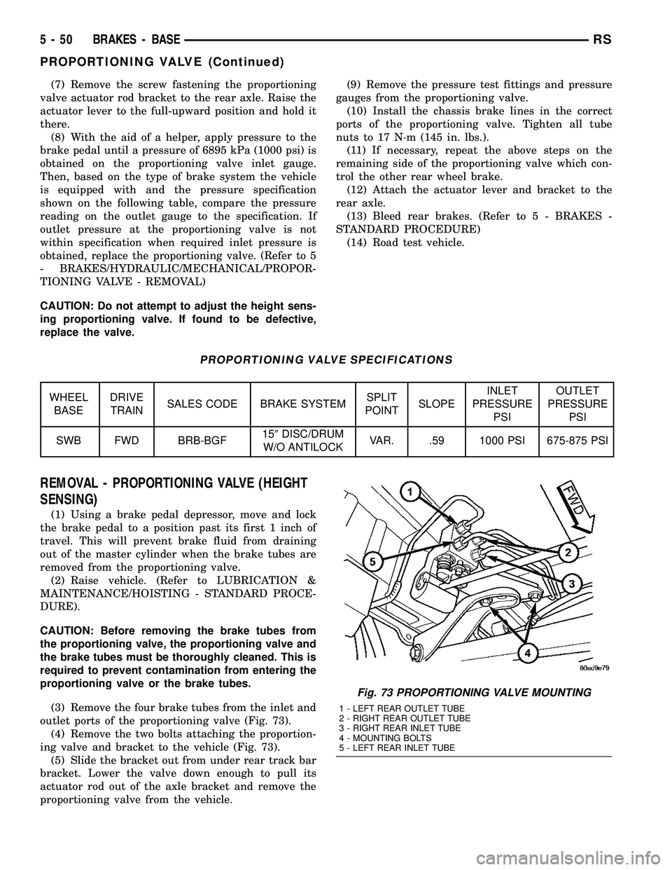DODGE TOWN AND COUNTRY 2004  Service Manual (7) Remove the screw fastening the proportioning
valve actuator rod bracket to the rear axle. Raise the
actuator lever to the full-upward position and hold it
there.
(8) With the aid of a helper, appl