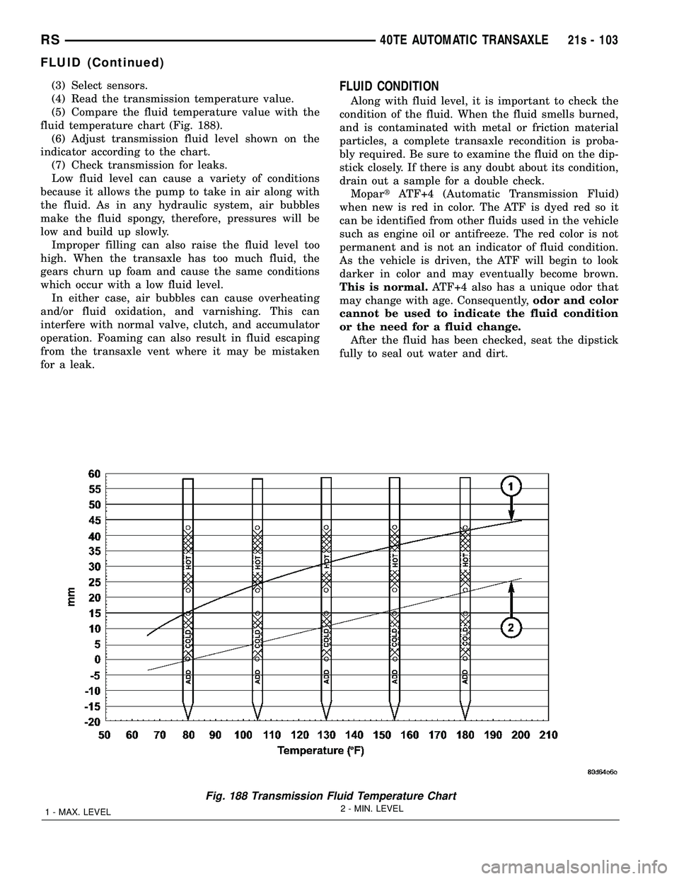 DODGE TOWN AND COUNTRY 2004  Service Manual (3) Select sensors.
(4) Read the transmission temperature value.
(5) Compare the fluid temperature value with the
fluid temperature chart (Fig. 188). (6) Adjust transmission fluid level shown on the
i