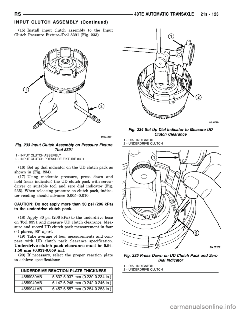 DODGE TOWN AND COUNTRY 2004  Service Manual (15) Install input clutch assembly to the Input
Clutch Pressure Fixture±Tool 8391 (Fig. 233).
(16) Set up dial indicator on the UD clutch pack as
shown in (Fig. 234). (17) Using moderate pressure, pr