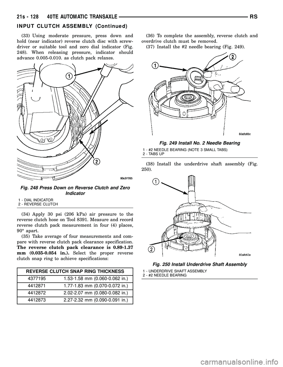 DODGE TOWN AND COUNTRY 2004  Service Manual (33) Using moderate pressure, press down and
hold (near indicator) reverse clutch disc with screw-
driver or suitable tool and zero dial indicator (Fig.
248). When releasing pressure, indicator should