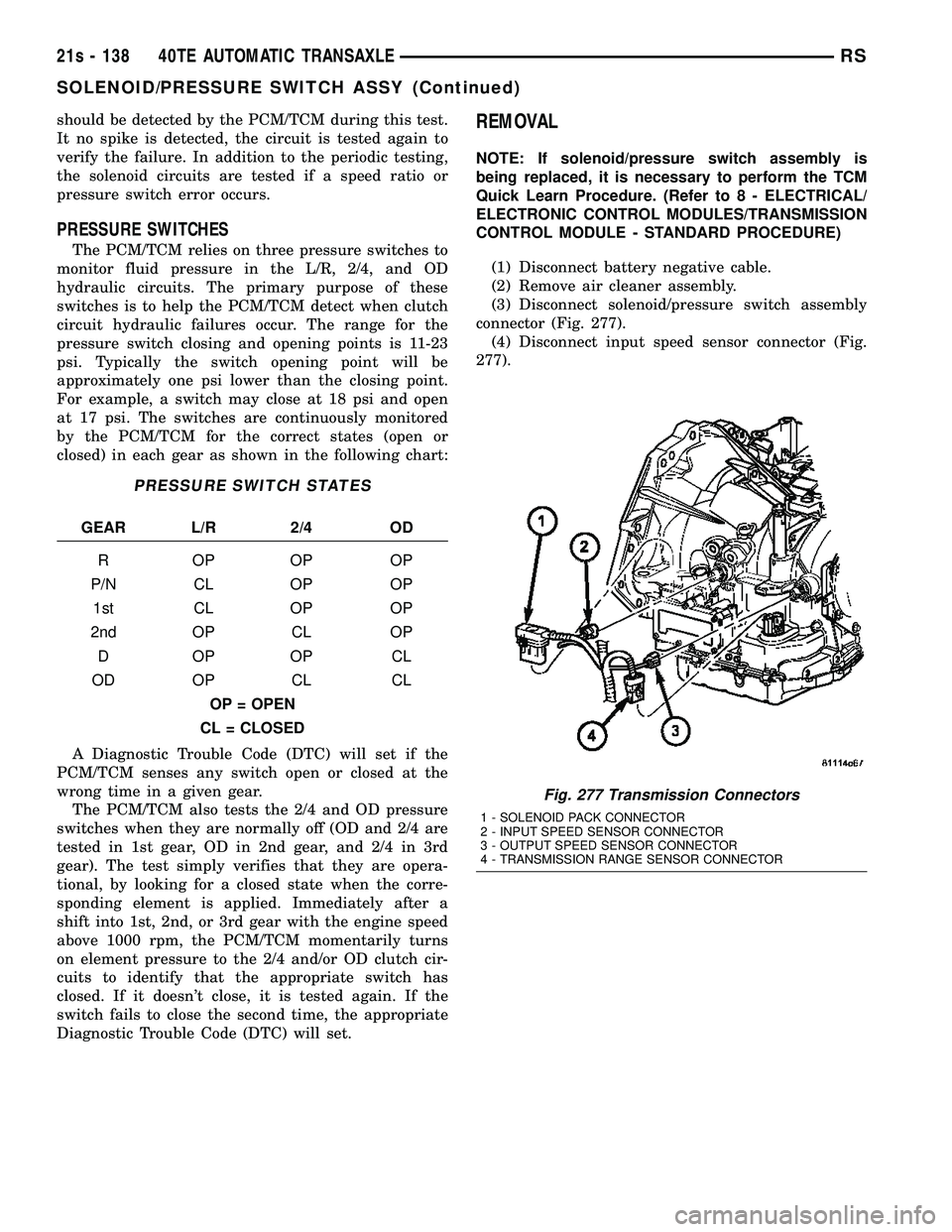 DODGE TOWN AND COUNTRY 2004  Service Manual should be detected by the PCM/TCM during this test.
It no spike is detected, the circuit is tested again to
verify the failure. In addition to the periodic testing,
the solenoid circuits are tested if