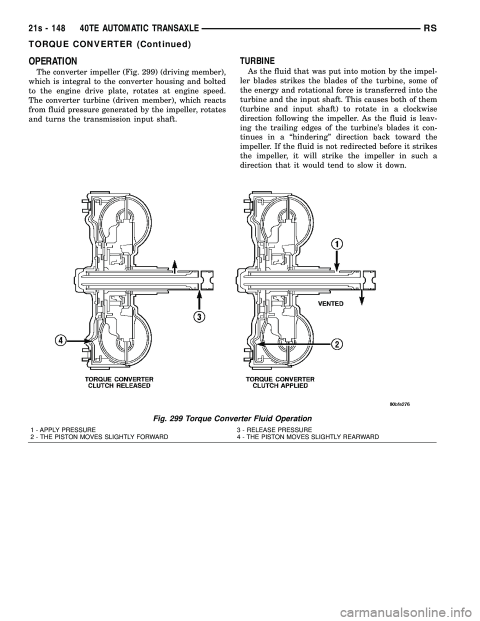 DODGE TOWN AND COUNTRY 2004  Service Manual OPERATION
The converter impeller (Fig. 299) (driving member),
which is integral to the converter housing and bolted
to the engine drive plate, rotates at engine speed.
The converter turbine (driven me
