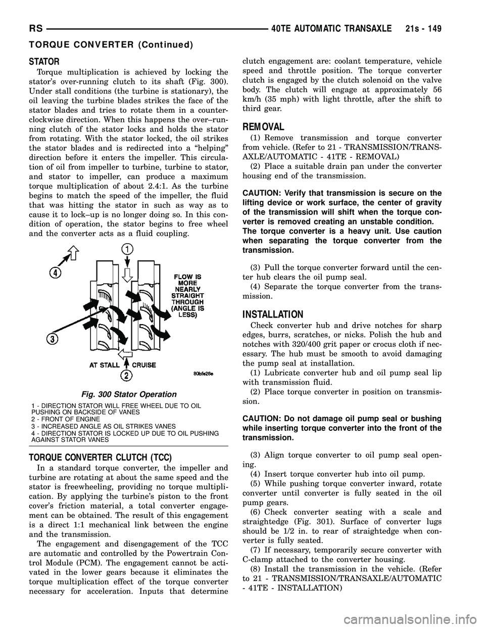 DODGE TOWN AND COUNTRY 2004  Service Manual STATOR
Torque multiplication is achieved by locking the
stators over-running clutch to its shaft (Fig. 300).
Under stall conditions (the turbine is stationary), the
oil leaving the turbine blades str