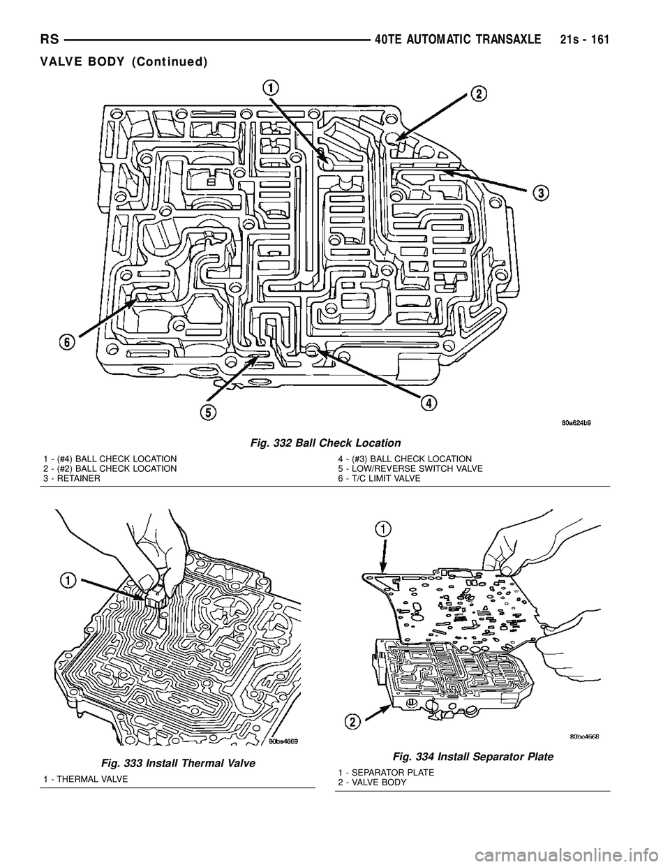 DODGE TOWN AND COUNTRY 2004  Service Manual Fig. 332 Ball Check Location
1 - (#4) BALL CHECK LOCATION
2 - (#2) BALL CHECK LOCATION
3 - RETAINER4 - (#3) BALL CHECK LOCATION
5 - LOW/REVERSE SWITCH VALVE
6 - T/C LIMIT VALVE
Fig. 333 Install Therma