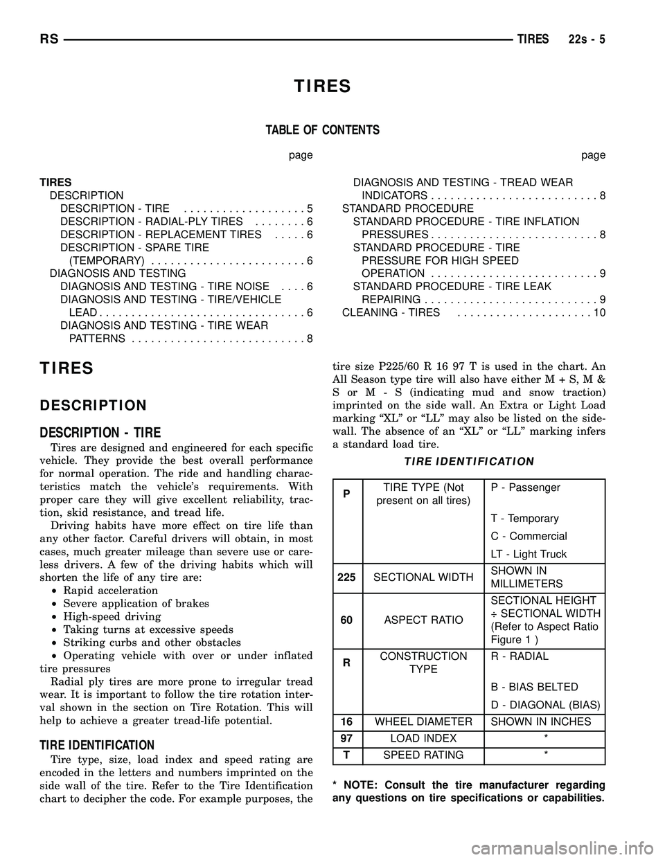DODGE TOWN AND COUNTRY 2004  Service Manual TIRES
TABLE OF CONTENTS
page page
TIRES DESCRIPTION DESCRIPTION - TIRE ...................5
DESCRIPTION - RADIAL-PLY TIRES ........6
DESCRIPTION - REPLACEMENT TIRES .....6
DESCRIPTION - SPARE TIRE (TE