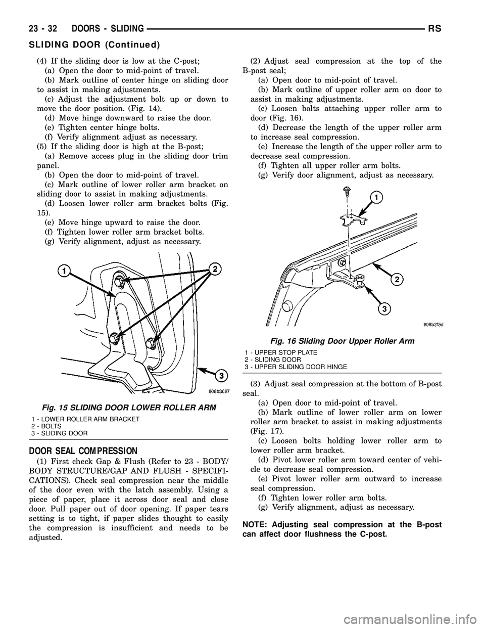 DODGE TOWN AND COUNTRY 2004  Service Manual (4) If the sliding door is low at the C-post;
(a) Open the door to mid-point of travel.
(b) Mark outline of center hinge on sliding door
to assist in making adjustments.
(c) Adjust the adjustment bolt
