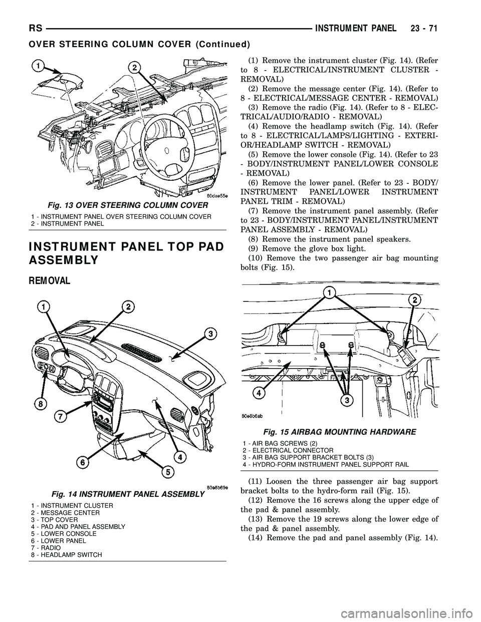DODGE TOWN AND COUNTRY 2004  Service Manual INSTRUMENT PANEL TOP PAD
ASSEMBLY
REMOVAL
(1) Remove the instrument cluster (Fig. 14). (Refer
to 8 - ELECTRICAL/INSTRUMENT CLUSTER -
REMOVAL)
(2) Remove the message center (Fig. 14). (Refer to
8 - ELE