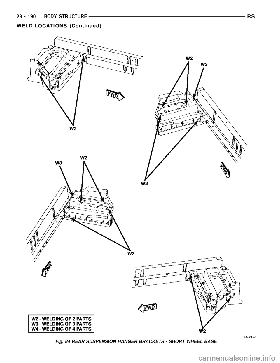 DODGE TOWN AND COUNTRY 2004  Service Manual Fig. 84 REAR SUSPENSION HANGER BRACKETS - SHORT WHEEL BASE
23 - 190 BODY STRUCTURERS
WELD LOCATIONS (Continued) 