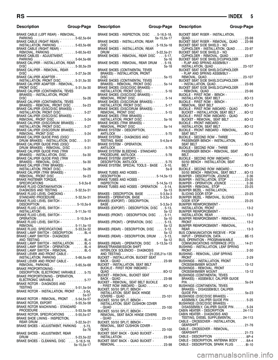 DODGE TOWN AND COUNTRY 2004  Service Manual BRAKE CABLE (LEFT REAR) - REMOVAL,
PARKING.......................5-62,5s-64
BRAKE CABLE (RIGHT REAR) -
INSTALLATION, PARKING..........5-63,5s-66
BRAKE CABLE (RIGHT REAR) -
REMOVAL, PARKING............