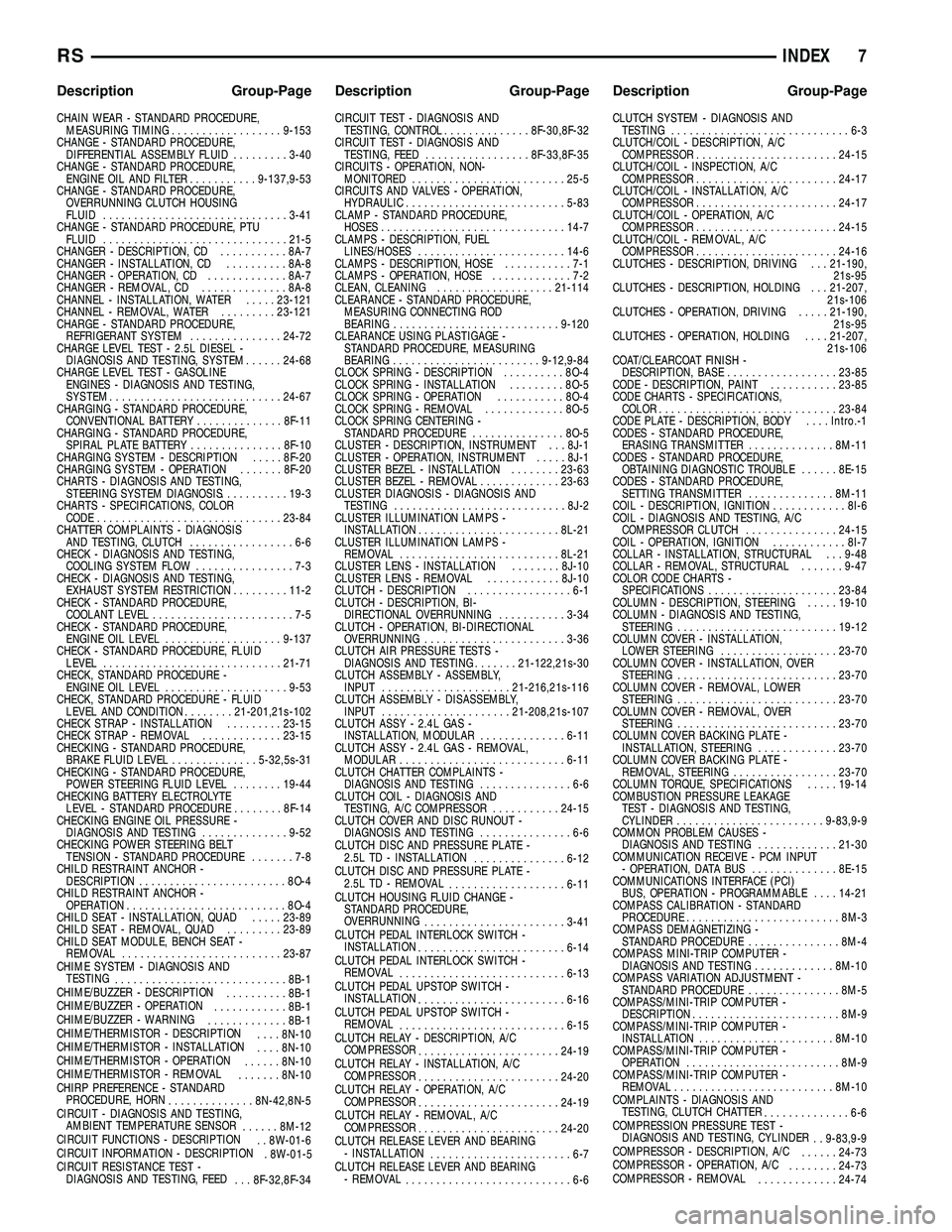 DODGE TOWN AND COUNTRY 2004  Service Manual CHAIN WEAR - STANDARD PROCEDURE,
MEASURING TIMING..................9-153
CHANGE - STANDARD PROCEDURE,
DIFFERENTIAL ASSEMBLY FLUID.........3-40
CHANGE - STANDARD PROCEDURE,
ENGINE OIL AND FILTER.......