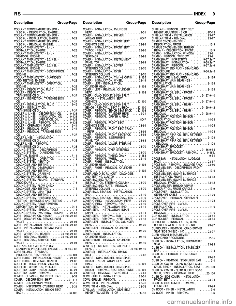 DODGE TOWN AND COUNTRY 2004  Service Manual COOLANT TEMPERATURE SENSOR -
3.3/3.8L - DESCRIPTION, ENGINE.........7-21
COOLANT TEMPERATURE SENSOR -
3.3/3.8L - INSTALLATION, ENGINE........7-22
COOLANT TEMPERATURE SENSOR -
3.3/3.8L - REMOVAL, ENGIN