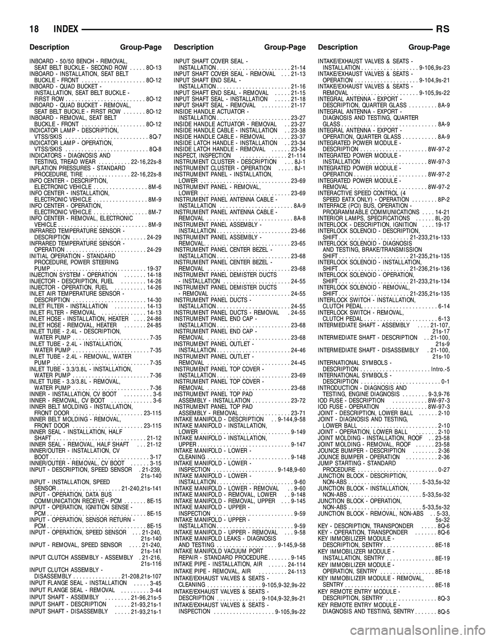 DODGE TOWN AND COUNTRY 2004  Service Manual INBOARD - 50/50 BENCH - REMOVAL,
SEAT BELT BUCKLE - SECOND ROW.....8O-13
INBOARD - INSTALLATION, SEAT BELT
BUCKLE - FRONT....................8O-12
INBOARD - QUAD BUCKET -
INSTALLATION, SEAT BELT BUCKL
