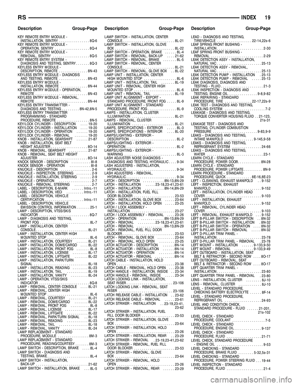 DODGE TOWN AND COUNTRY 2004  Service Manual KEY REMOTE ENTRY MODULE -
INSTALLATION, SENTRY................8Q-6
KEY REMOTE ENTRY MODULE -
OPERATION, SENTRY..................8Q-4
KEY REMOTE ENTRY MODULE -
REMOVAL, SENTRY...................8Q-5
KE