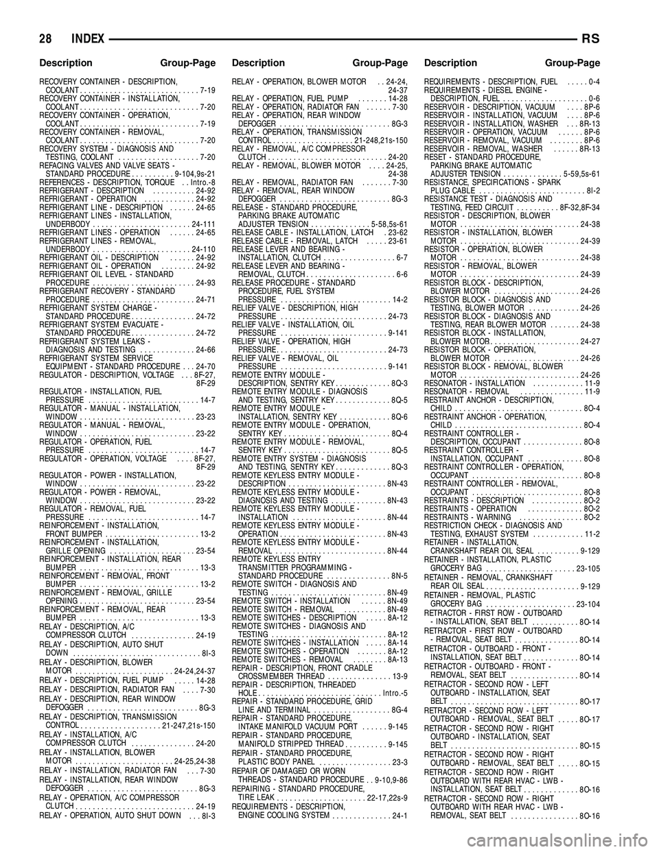 DODGE TOWN AND COUNTRY 2004  Service Manual RECOVERY CONTAINER - DESCRIPTION,
COOLANT............................7-19
RECOVERY CONTAINER - INSTALLATION,
COOLANT............................7-20
RECOVERY CONTAINER - OPERATION,
COOLANT............