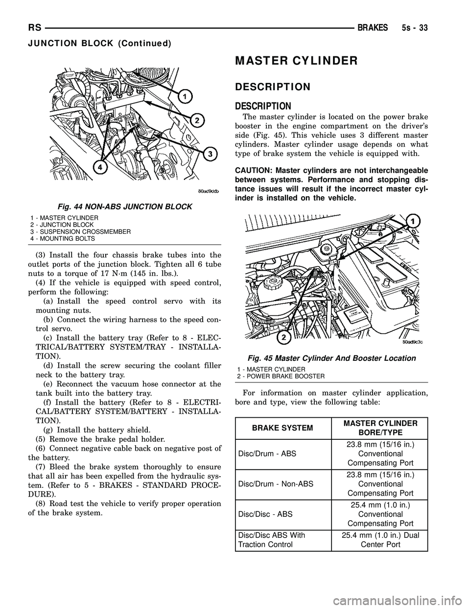 DODGE TOWN AND COUNTRY 2004  Service Manual (3) Install the four chassis brake tubes into the
outlet ports of the junction block. Tighten all 6 tube
nuts to a torque of 17 N´m (145 in. lbs.). (4) If the vehicle is equipped with speed control,
