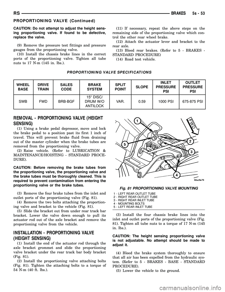 DODGE TOWN AND COUNTRY 2004  Service Manual CAUTION: Do not attempt to adjust the height sens-
ing proportioning valve. If found to be defective,
replace the valve.(9) Remove the pressure test fittings and pressure
gauges from the proportioning