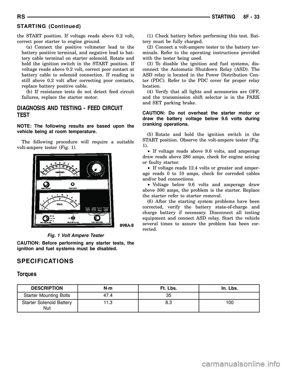 DODGE TOWN AND COUNTRY 2004  Service Manual the START position. If voltage reads above 0.2 volt,
correct poor starter to engine ground.
(a) Connect the positive voltmeter lead to the
battery positive terminal, and negative lead to bat-
tery cab