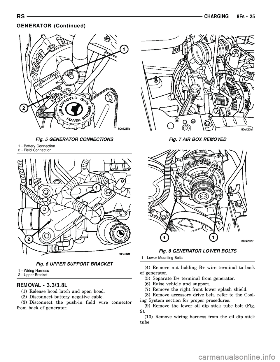 DODGE TOWN AND COUNTRY 2004  Service Manual REMOVAL - 3.3/3.8L
(1) Release hood latch and open hood.
(2) Disconnect battery negative cable.
(3) Disconnect the push-in field wire connector
from back of generator. (4) Remove nut holding B+ wire t