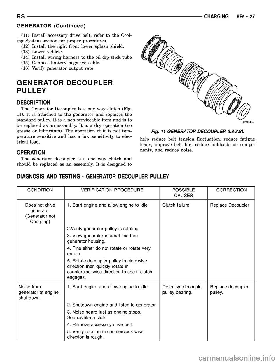 DODGE TOWN AND COUNTRY 2004  Service Manual (11) Install accessory drive belt, refer to the Cool-
ing System section for proper procedures. (12) Install the right front lower splash shield.
(13) Lower vehicle.
(14) Install wiring harness to the
