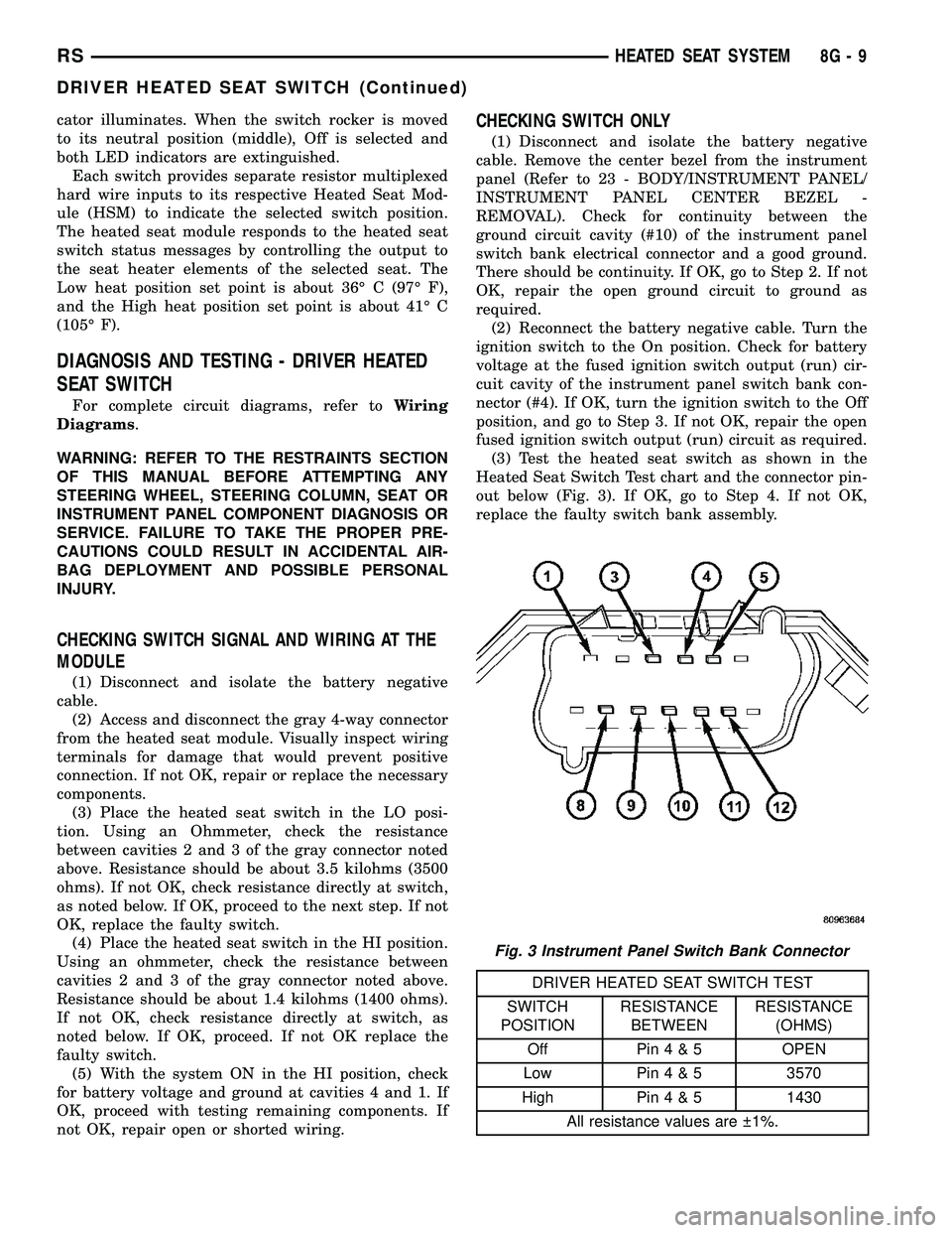 DODGE TOWN AND COUNTRY 2004  Service Manual cator illuminates. When the switch rocker is moved
to its neutral position (middle), Off is selected and
both LED indicators are extinguished.
Each switch provides separate resistor multiplexed
hard w