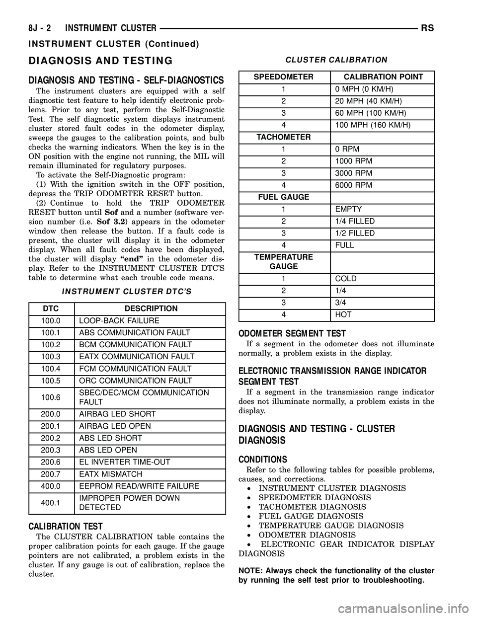 DODGE TOWN AND COUNTRY 2004  Service Manual DIAGNOSIS AND TESTING
DIAGNOSIS AND TESTING - SELF-DIAGNOSTICS
The instrument clusters are equipped with a self
diagnostic test feature to help identify electronic prob-
lems. Prior to any test, perfo