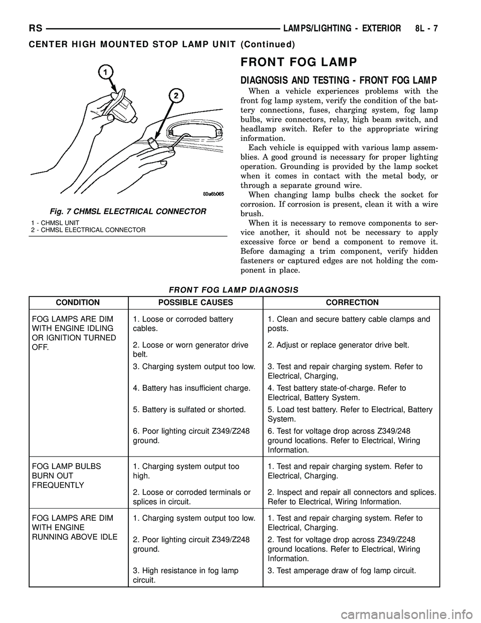 DODGE TOWN AND COUNTRY 2004  Service Manual FRONT FOG LAMP
DIAGNOSIS AND TESTING - FRONT FOG LAMP
When a vehicle experiences problems with the
front fog lamp system, verify the condition of the bat-
tery connections, fuses, charging system, fog