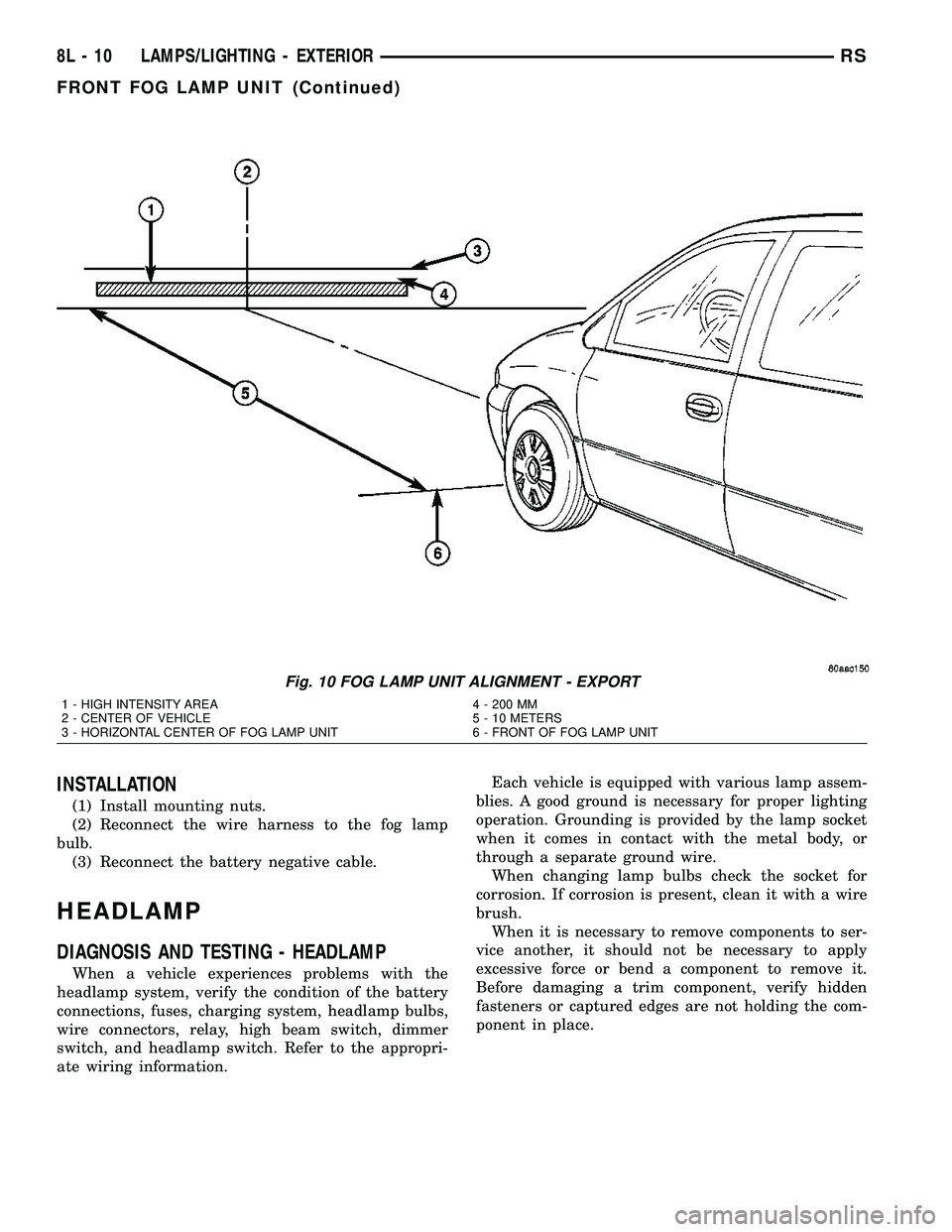 DODGE TOWN AND COUNTRY 2004  Service Manual INSTALLATION
(1) Install mounting nuts.
(2) Reconnect the wire harness to the fog lamp
bulb.
(3) Reconnect the battery negative cable.
HEADLAMP
DIAGNOSIS AND TESTING - HEADLAMP
When a vehicle experien