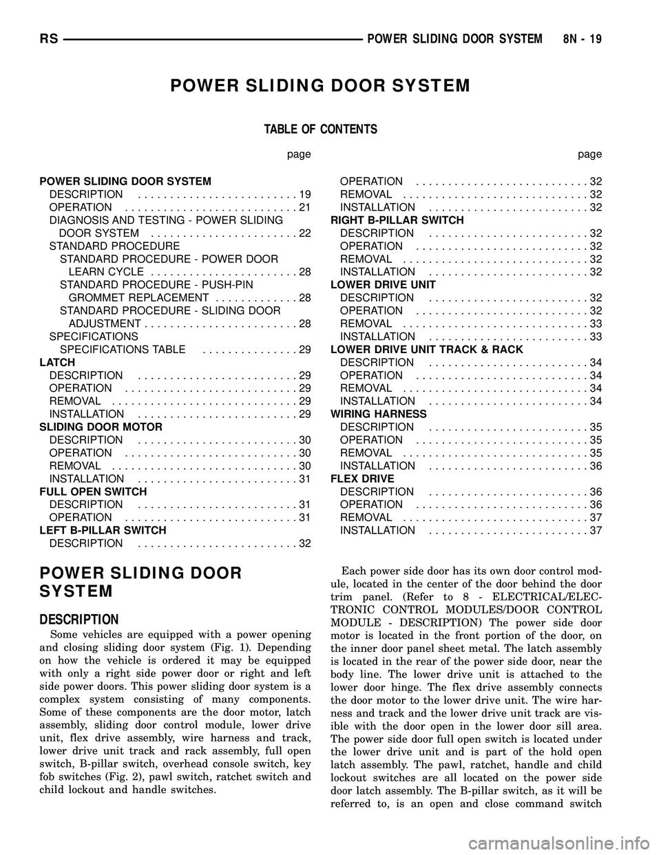 DODGE TOWN AND COUNTRY 2004  Service Manual POWER SLIDING DOOR SYSTEM
TABLE OF CONTENTS
page page
POWER SLIDING DOOR SYSTEM
DESCRIPTION.........................19
OPERATION...........................21
DIAGNOSIS AND TESTING - POWER SLIDING
DOOR