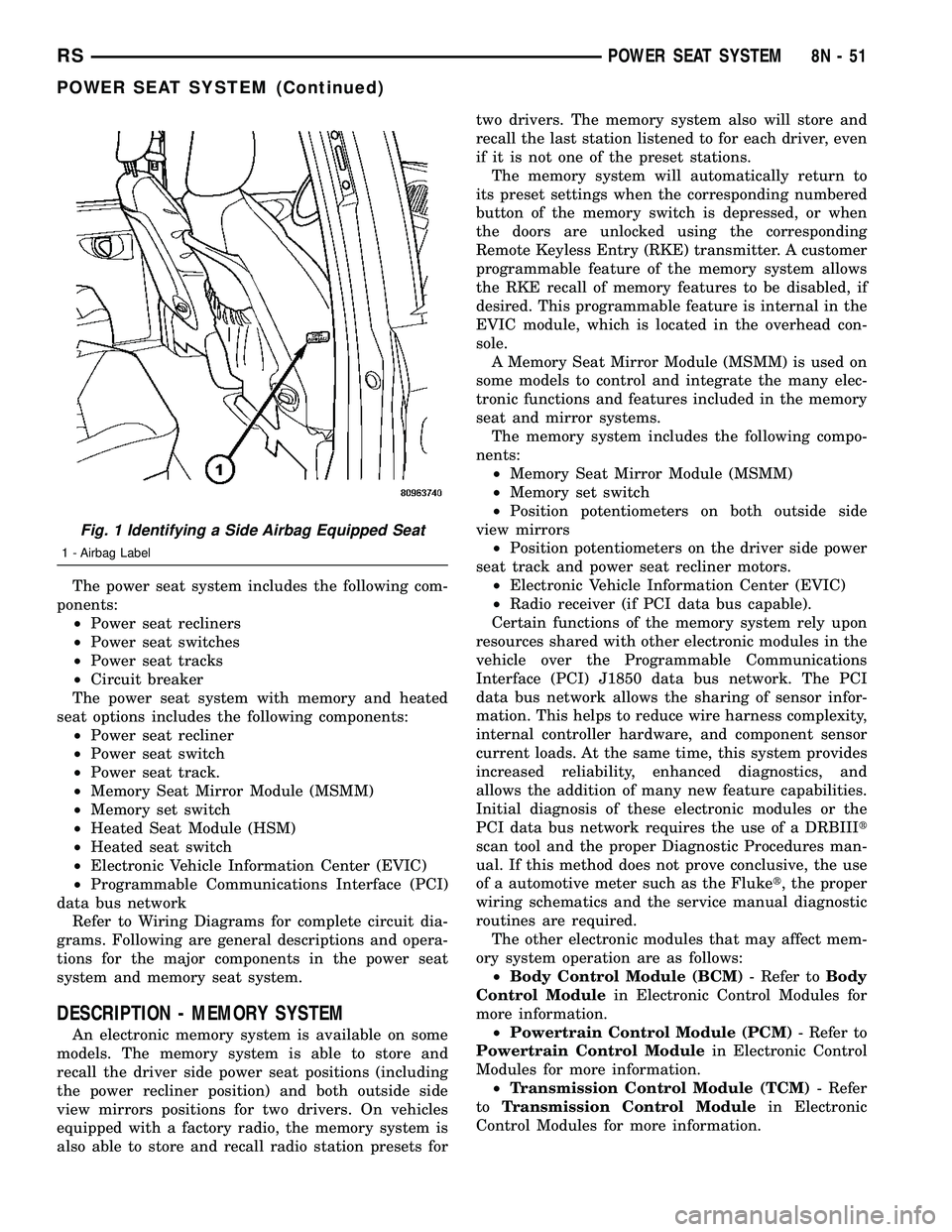 DODGE TOWN AND COUNTRY 2004  Service Manual The power seat system includes the following com-
ponents:
²Power seat recliners
²Power seat switches
²Power seat tracks
²Circuit breaker
The power seat system with memory and heated
seat options 