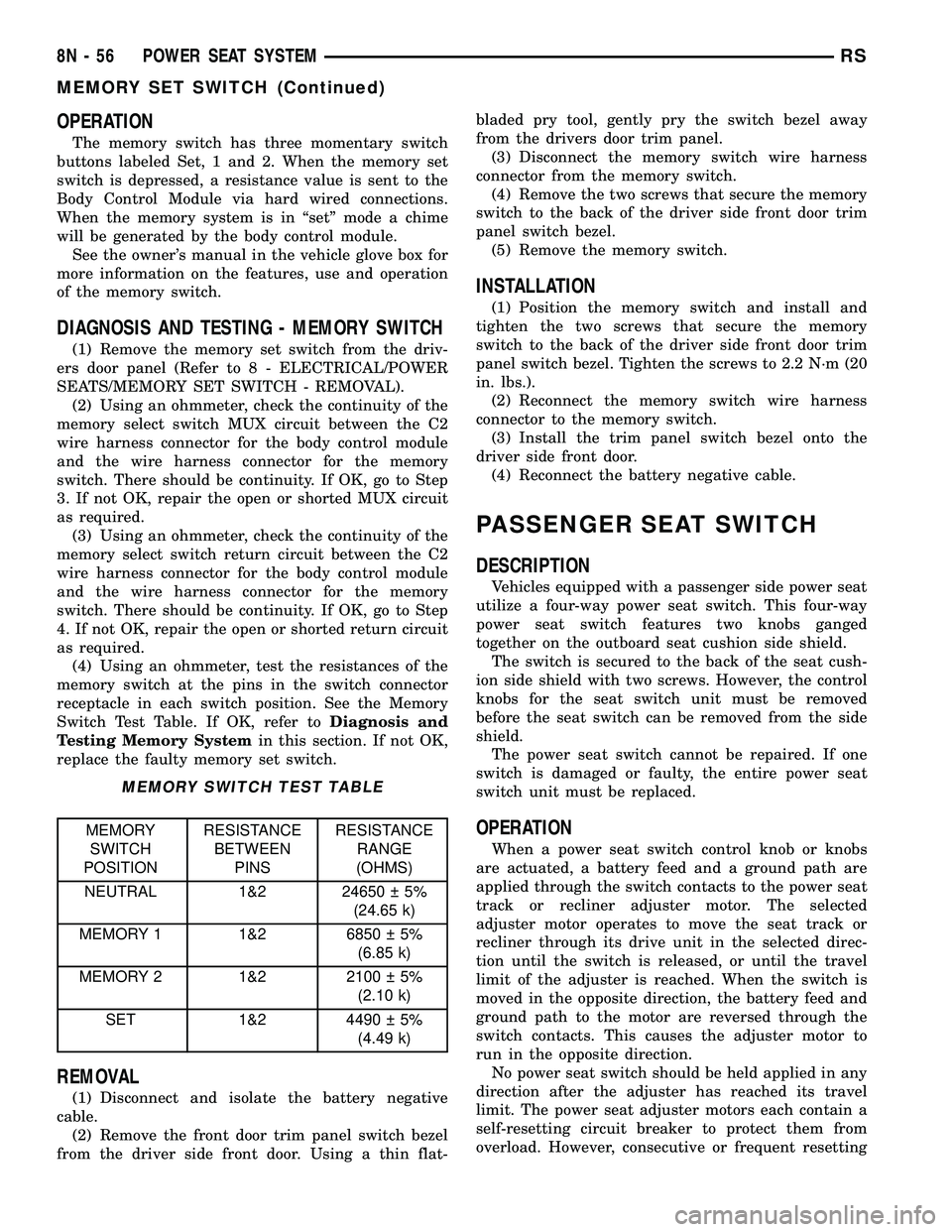 DODGE TOWN AND COUNTRY 2004  Service Manual OPERATION
The memory switch has three momentary switch
buttons labeled Set, 1 and 2. When the memory set
switch is depressed, a resistance value is sent to the
Body Control Module via hard wired conne