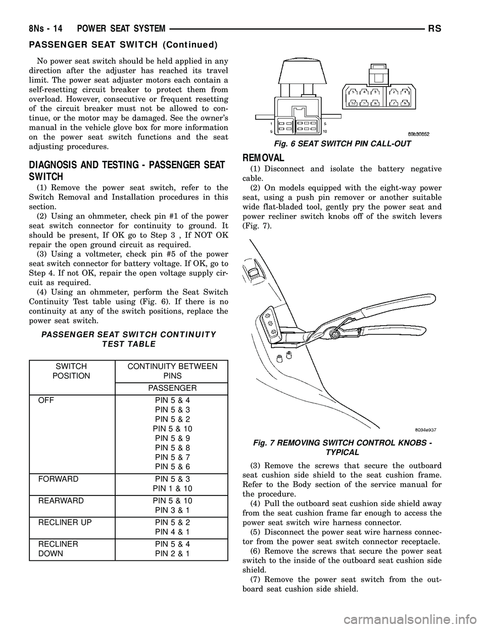 DODGE TOWN AND COUNTRY 2004  Service Manual No power seat switch should be held applied in any
direction after the adjuster has reached its travel
limit. The power seat adjuster motors each contain a
self-resetting circuit breaker to protect th