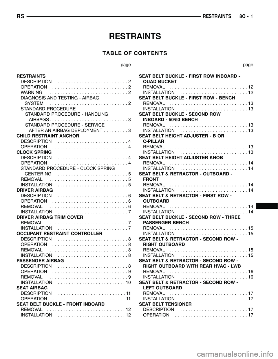 DODGE TOWN AND COUNTRY 2004  Service Manual RESTRAINTS
TABLE OF CONTENTS
page page
RESTRAINTS
DESCRIPTION..........................2
OPERATION............................2
WARNING.............................2
DIAGNOSIS AND TESTING - AIRBAG
SYS