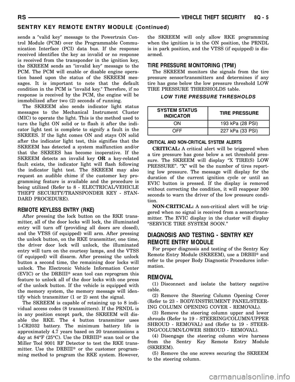 DODGE TOWN AND COUNTRY 2004  Service Manual sends a9valid key9message to the Powertrain Con-
trol Module (PCM) over the Programmable Commu-
nication Interface (PCI) data bus. If the response
received identifies the key as invalid or no response