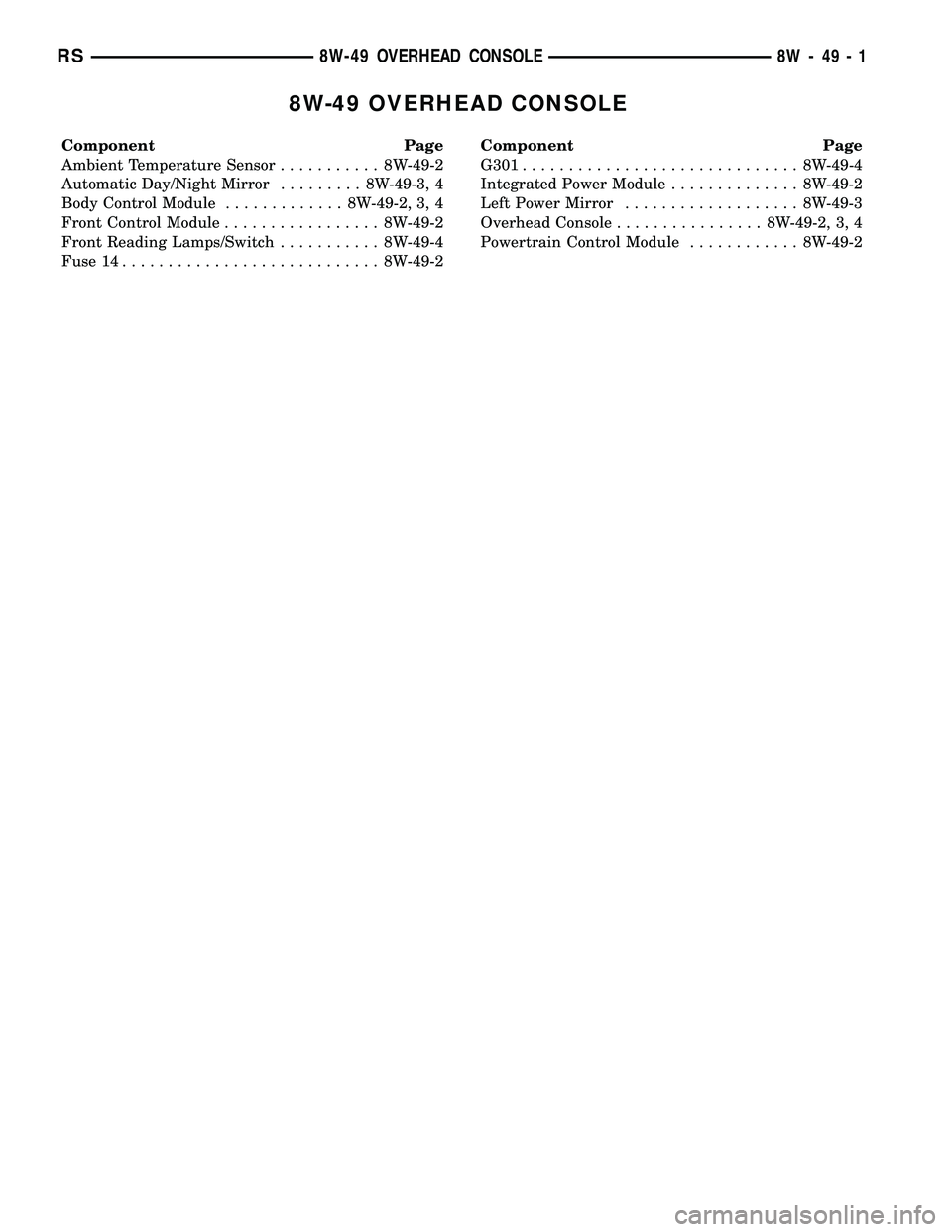 DODGE TOWN AND COUNTRY 2004  Service Manual 8W-49 OVERHEAD CONSOLE
Component Page
Ambient Temperature Sensor........... 8W-49-2
Automatic Day/Night Mirror......... 8W-49-3, 4
Body Control Module............. 8W-49-2, 3, 4
Front Control Module..