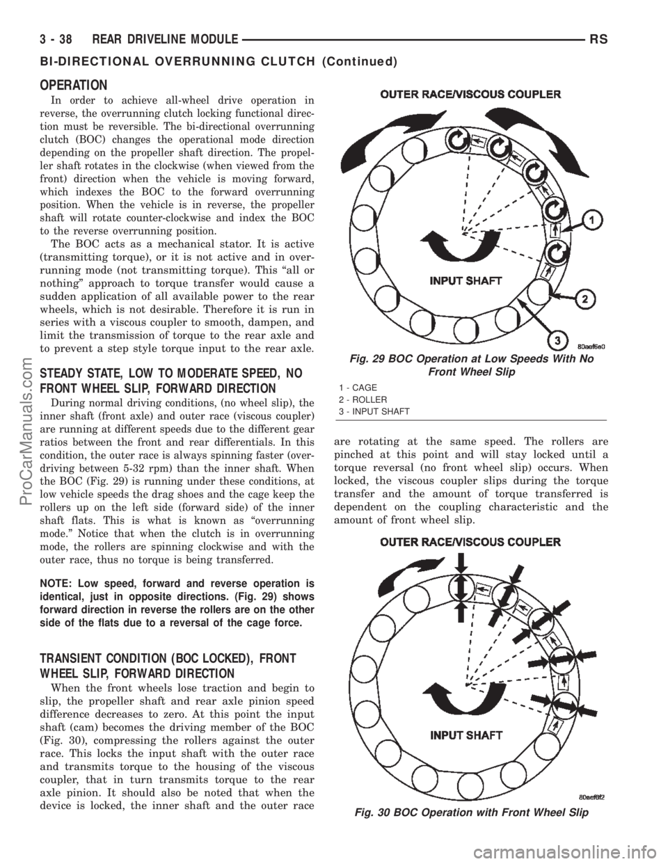 DODGE TOWN AND COUNTRY 2002  Service Manual OPERATION
In order to achieve all-wheel drive operation in
reverse, the overrunning clutch locking functional direc-
tion must be reversible. The bi-directional overrunning
clutch (BOC) changes the op