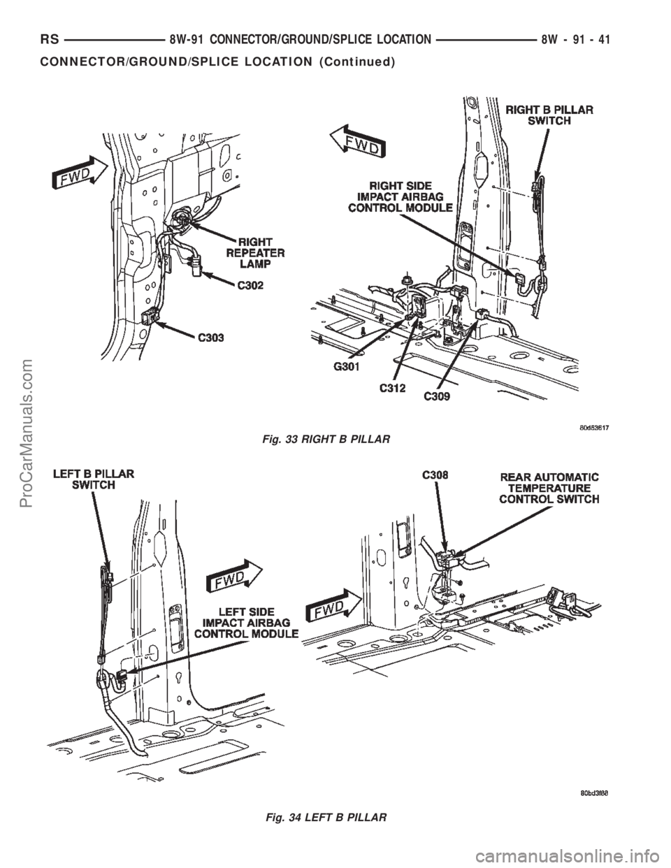 DODGE TOWN AND COUNTRY 2002  Service Manual Fig. 33 RIGHT B PILLAR
Fig. 34 LEFT B PILLAR
RS8W-91 CONNECTOR/GROUND/SPLICE LOCATION8W-91-41
CONNECTOR/GROUND/SPLICE LOCATION (Continued)
ProCarManuals.com 
