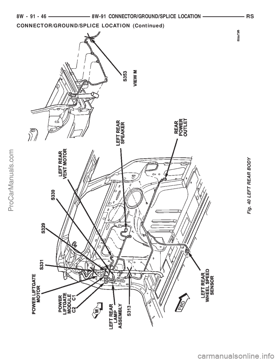 DODGE TOWN AND COUNTRY 2002  Service Manual Fig. 40 LEFT REAR BODY
8W - 91 - 46 8W-91 CONNECTOR/GROUND/SPLICE LOCATIONRS
CONNECTOR/GROUND/SPLICE LOCATION (Continued)
ProCarManuals.com 