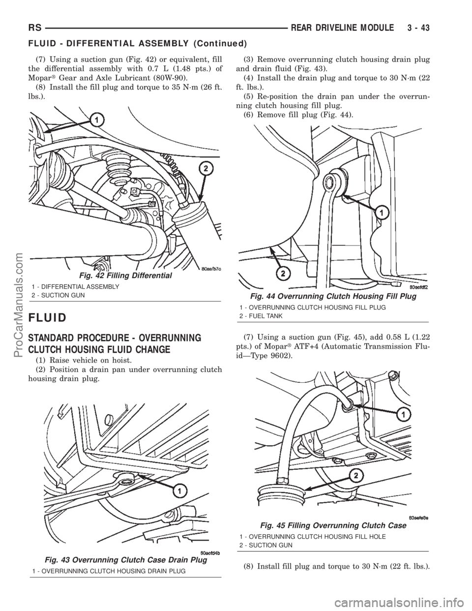DODGE TOWN AND COUNTRY 2002  Service Manual (7) Using a suction gun (Fig. 42) or equivalent, fill
the differential assembly with 0.7 L (1.48 pts.) of
MopartGear and Axle Lubricant (80W-90).
(8) Install the fill plug and torque to 35 N´m (26 ft