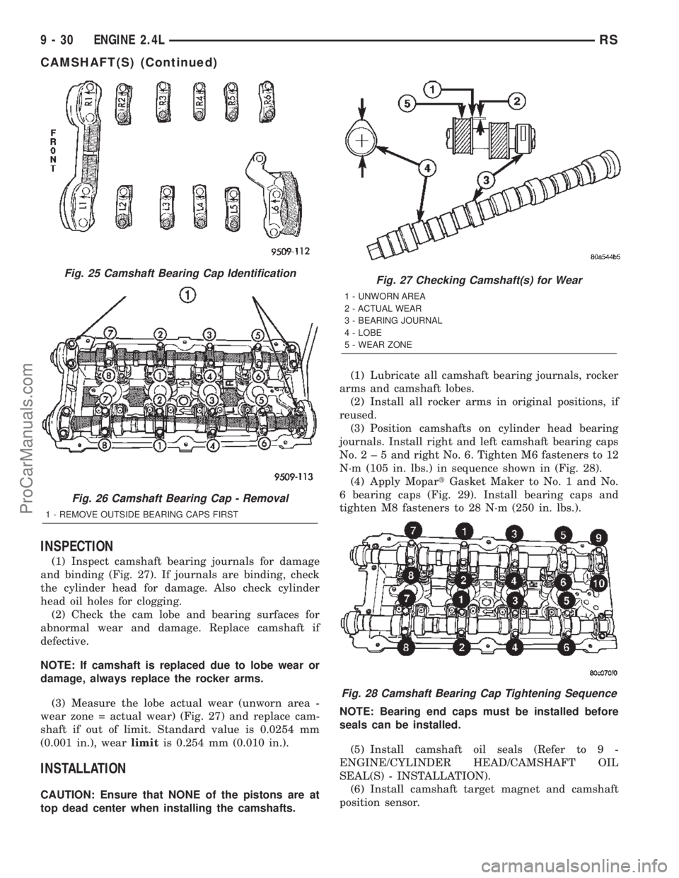 DODGE TOWN AND COUNTRY 2002  Service Manual INSPECTION
(1) Inspect camshaft bearing journals for damage
and binding (Fig. 27). If journals are binding, check
the cylinder head for damage. Also check cylinder
head oil holes for clogging.
(2) Che